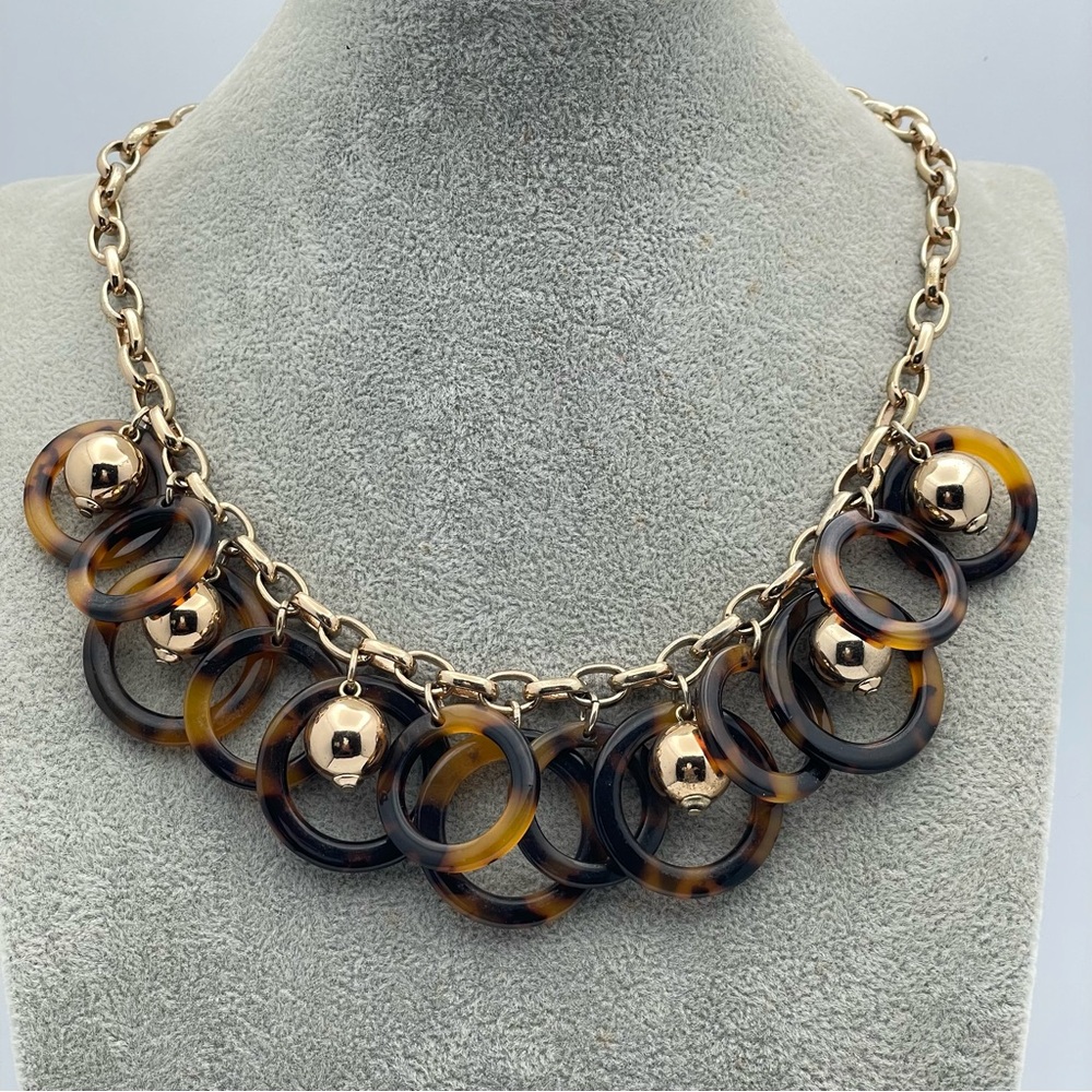 Faux Tortoise Shell & Gold Statement Necklace with Rings and Bead Accents